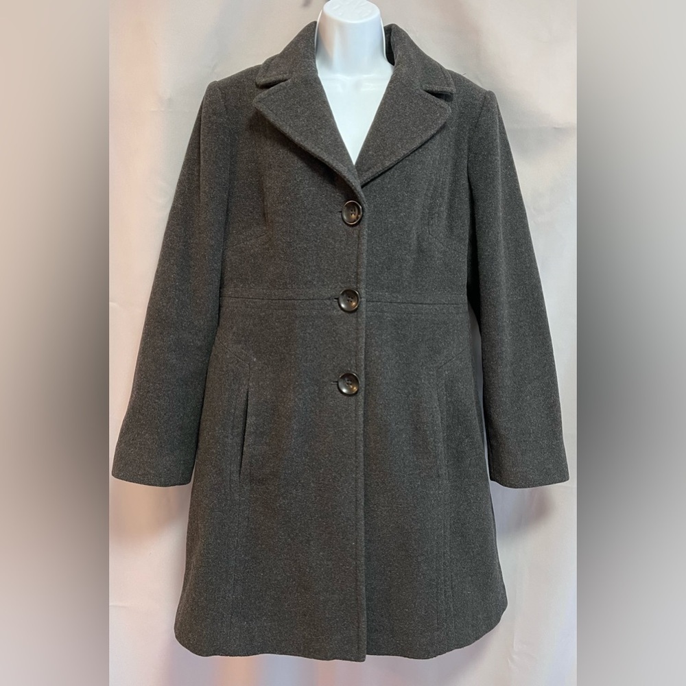 Anne Klein Wool  Long Coat‎ Peacoat Women's Sz Large EUC Dark Gray
